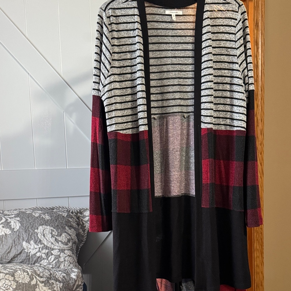 Maurices Black and Red Striped Plaid Cardigan